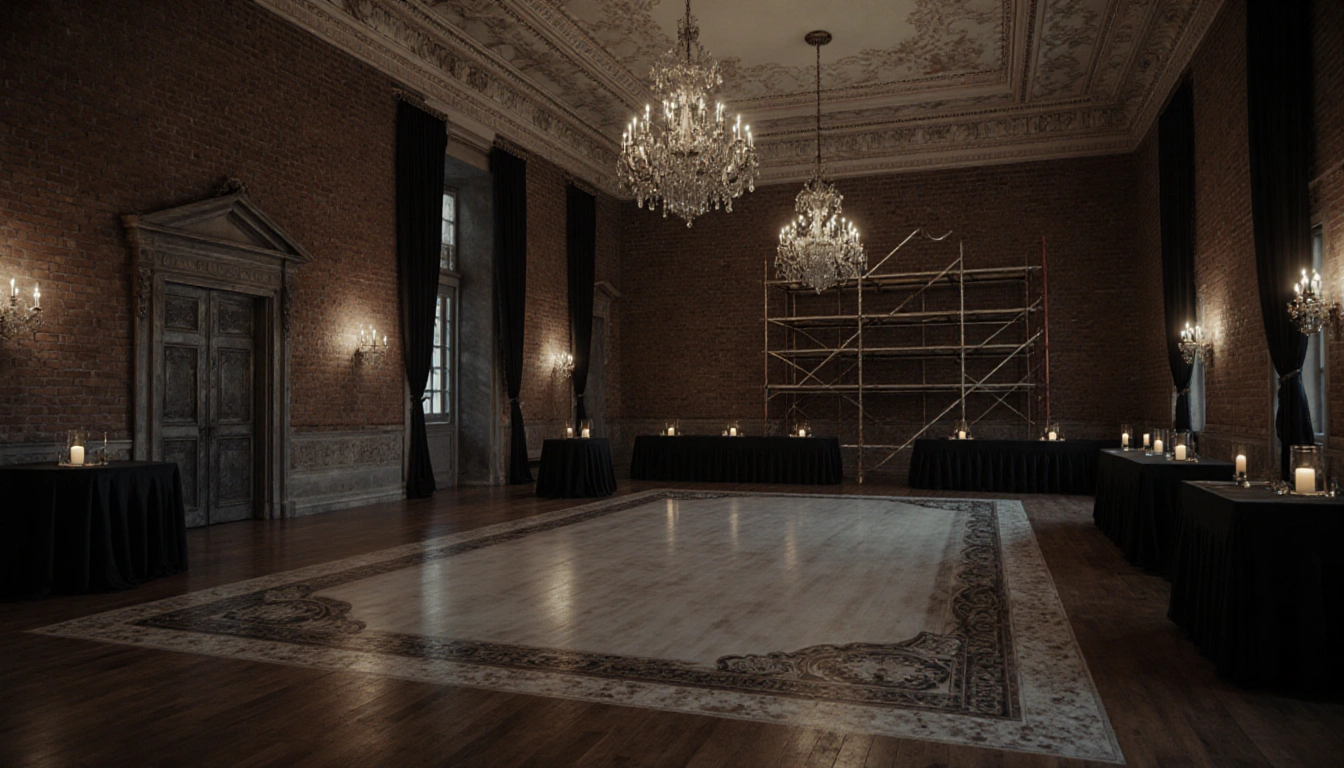 Unfinished ballroom shines with flickering candles and chandeliers revealing exposed brick walls and a marble dance floor.