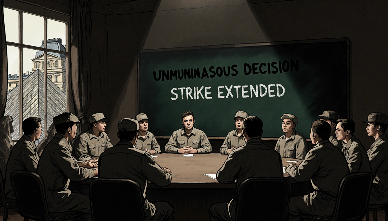 Workers in museum uniform sit at table with chalkboard reading Unanimous Decision and Strike Extended Louvre halls window