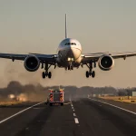 United Airlines Boeing 777‑200 takes off with engine failure and emergency responders at runway end under golden sun