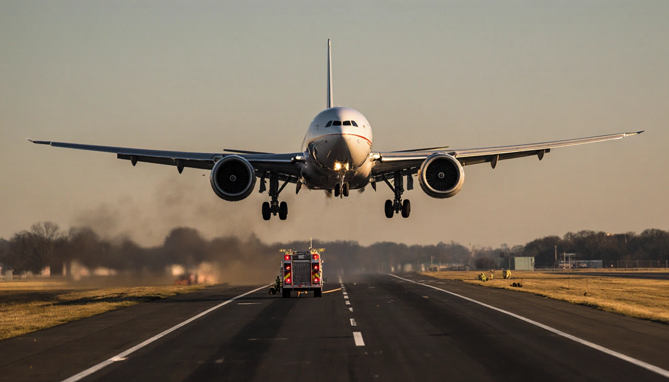 United Airlines Boeing 777‑200 takes off with engine failure and emergency responders at runway end under golden sun