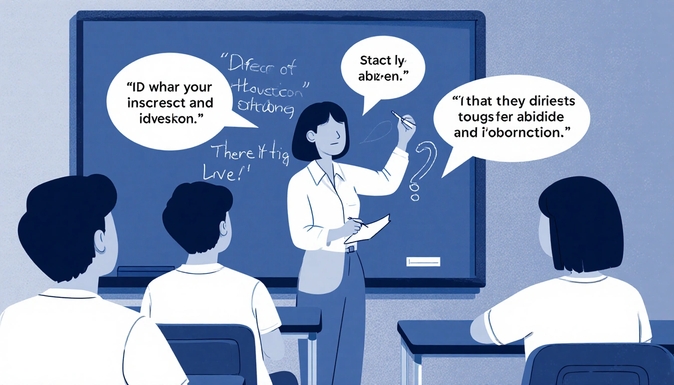 Professor lecturing noting on chalkboard with students discussing diversity and inclusion in a grayish‑blue university classr