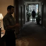 Custodian Derek Lisi stands at a desk with warm lamp glow and a blurred gunman behind the window in a university hallway