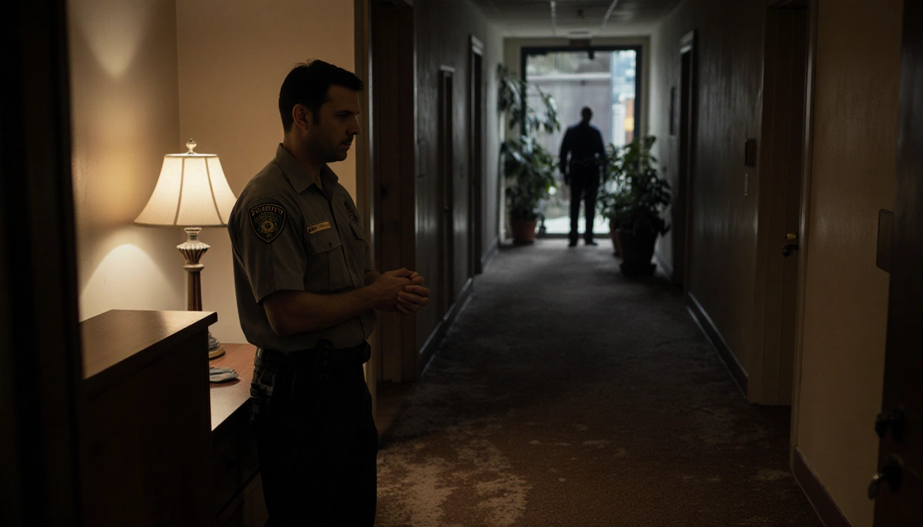 Custodian Derek Lisi stands at a desk with warm lamp glow and a blurred gunman behind the window in a university hallway