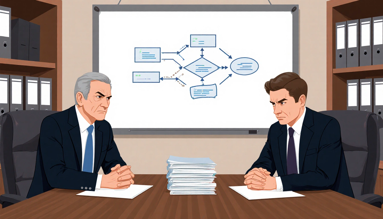 Provost and dean seated with hands clasped over stacked papers while a diagram on the whiteboard illustrates investigation.