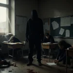 Black‑clad shooter stands near an open window with students lying wounded and dead in a dim university classroom