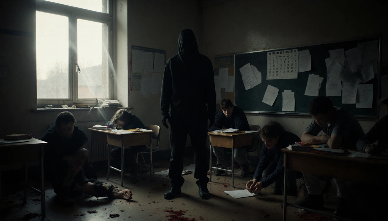 Black‑clad shooter stands near an open window with students lying wounded and dead in a dim university classroom