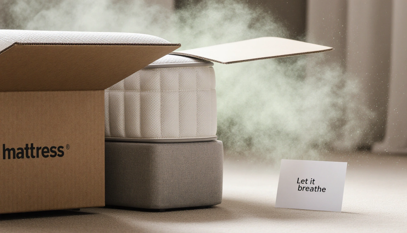 Mattress box opening with off-gassing mist and let it breathe note during unboxing.