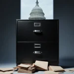 File cabinet spilling documents with gleaming metal and a faint Capitol outline in background.