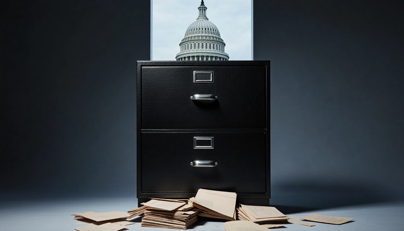 File cabinet spilling documents with gleaming metal and a faint Capitol outline in background.