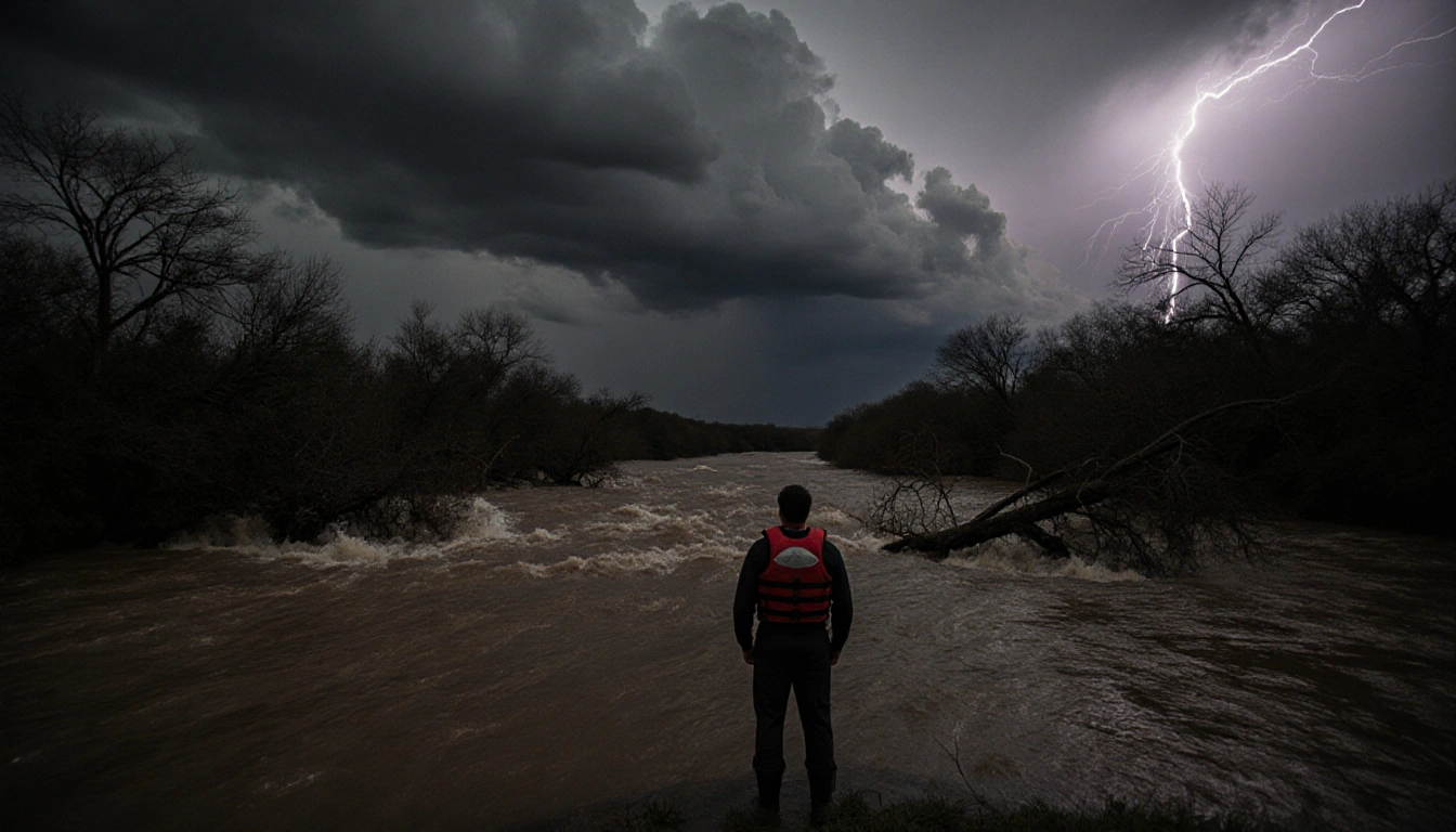 Person in life jacket standing at swollen Upper Guadalupe River with lightning-lit sky and uprooted trees