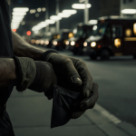 Seasonal worker holding empty gloved hands outside office with UPS trucks in background