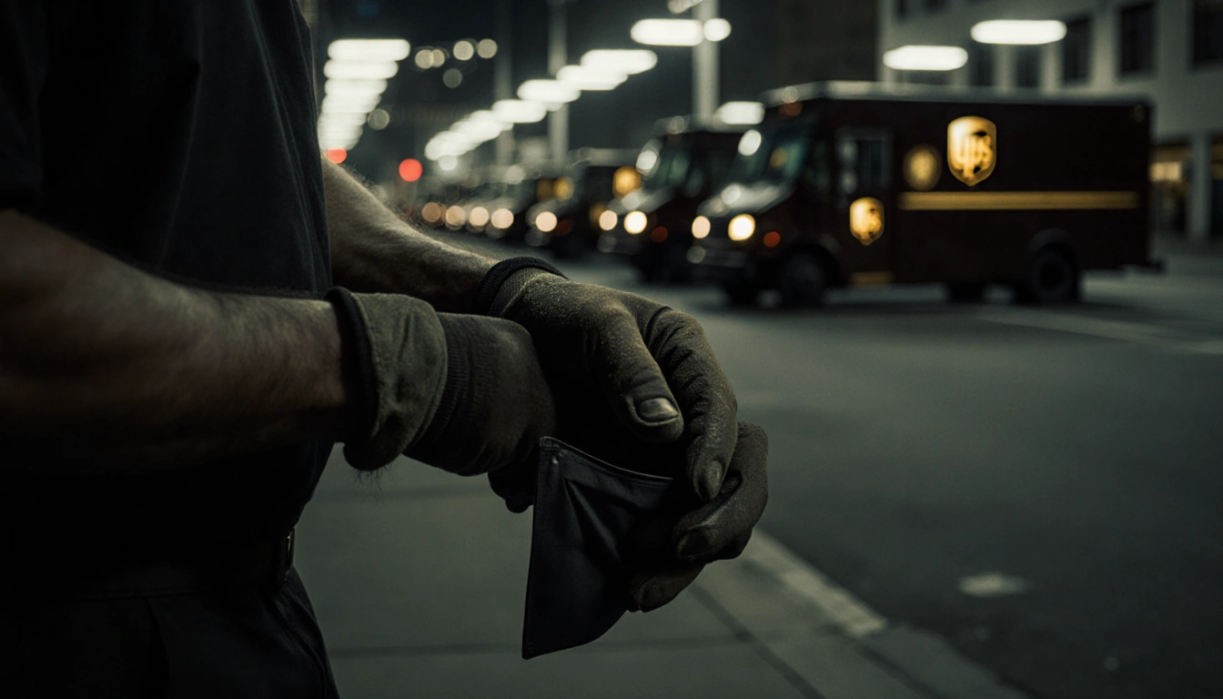 Seasonal worker holding empty gloved hands outside office with UPS trucks in background