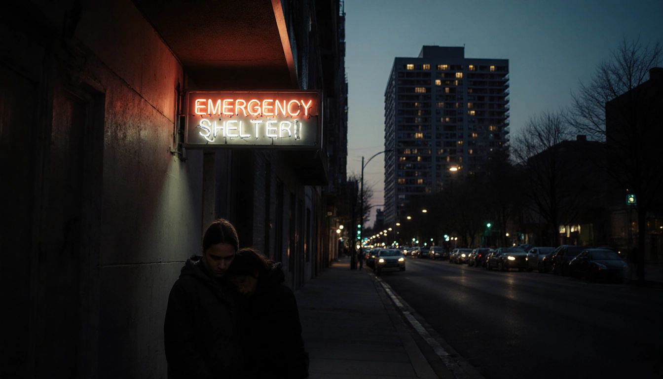 Two people huddling together with neon Emergency Shelter sign and dimly lit urban alley in background.