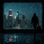 Hoodie‑clad figure walking away from shattered glass window with neon‑lit cityscape behind