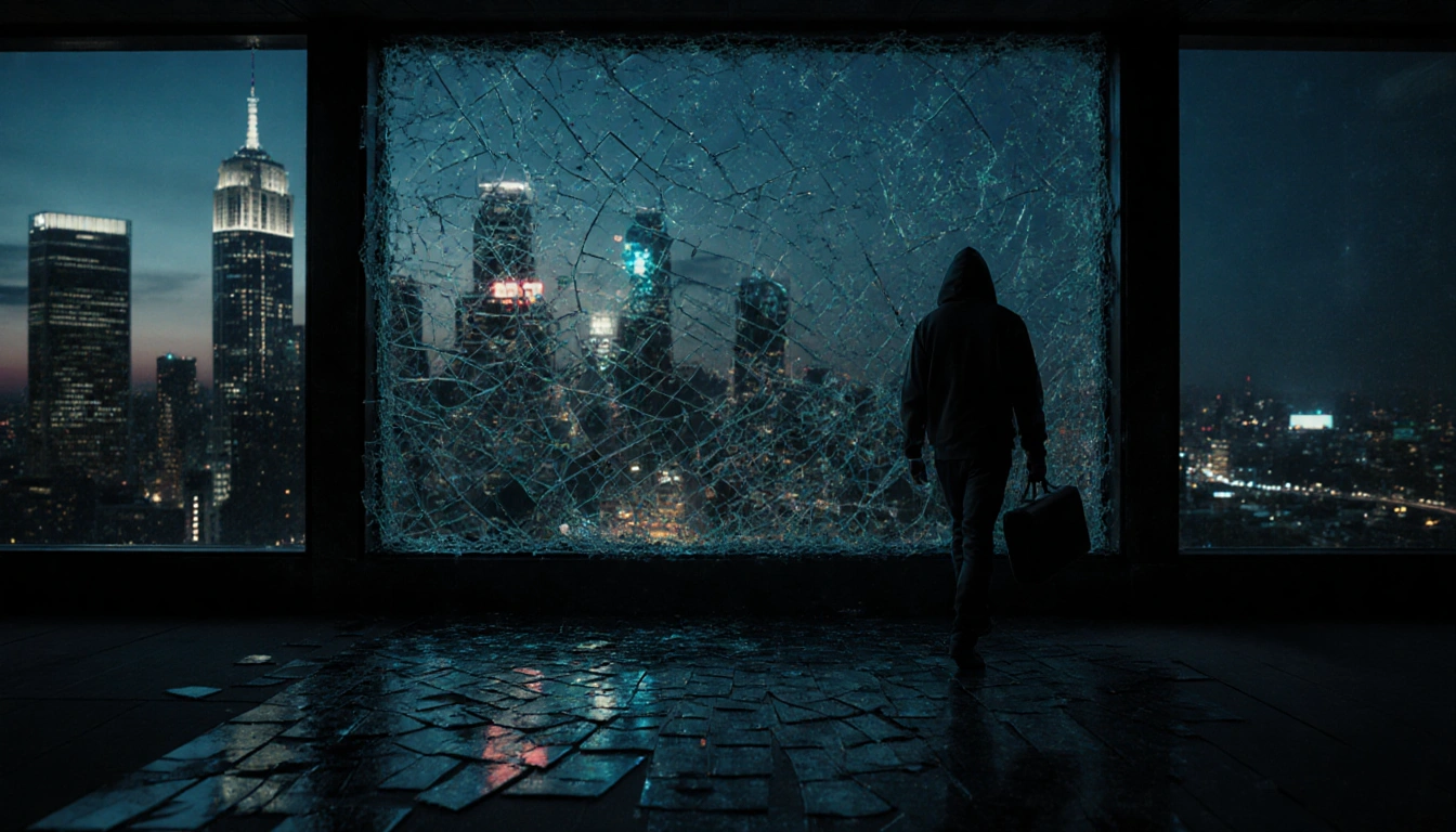 Hoodie‑clad figure walking away from shattered glass window with neon‑lit cityscape behind