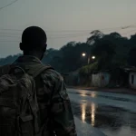 Rebel fighter walking away from Uvira town hall with forest backdrop and dim river glow at dusk