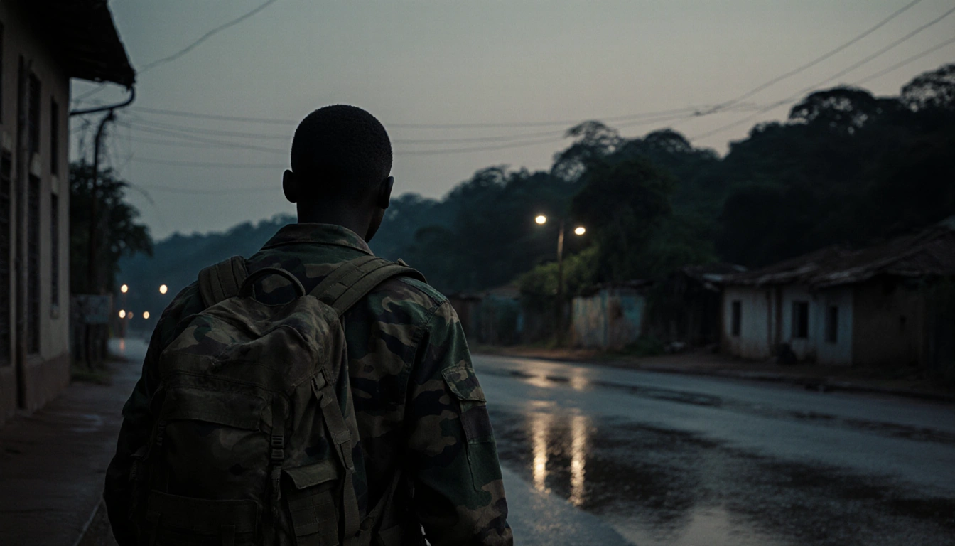 Rebel fighter walking away from Uvira town hall with forest backdrop and dim river glow at dusk