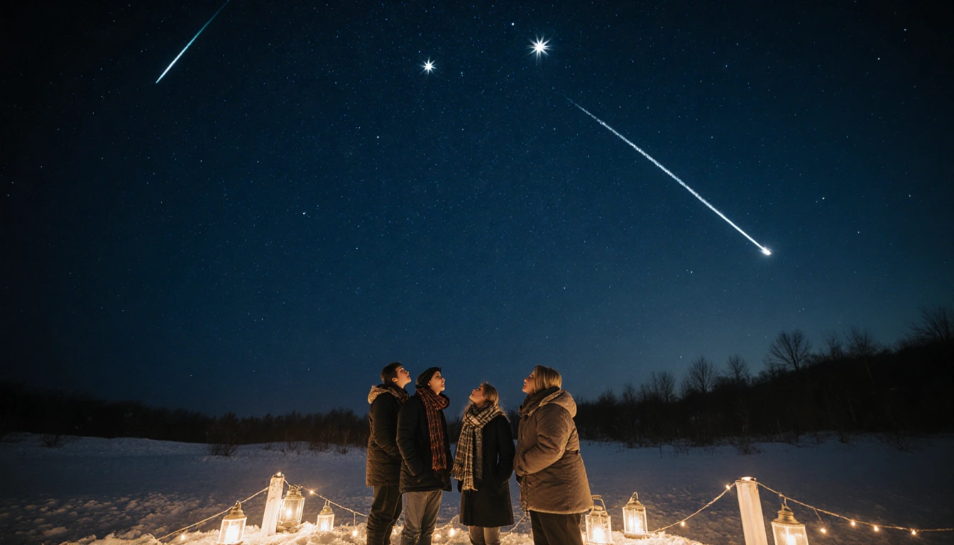 People gaze upward toward a winter sky with shooting stars and cozy lantern light.