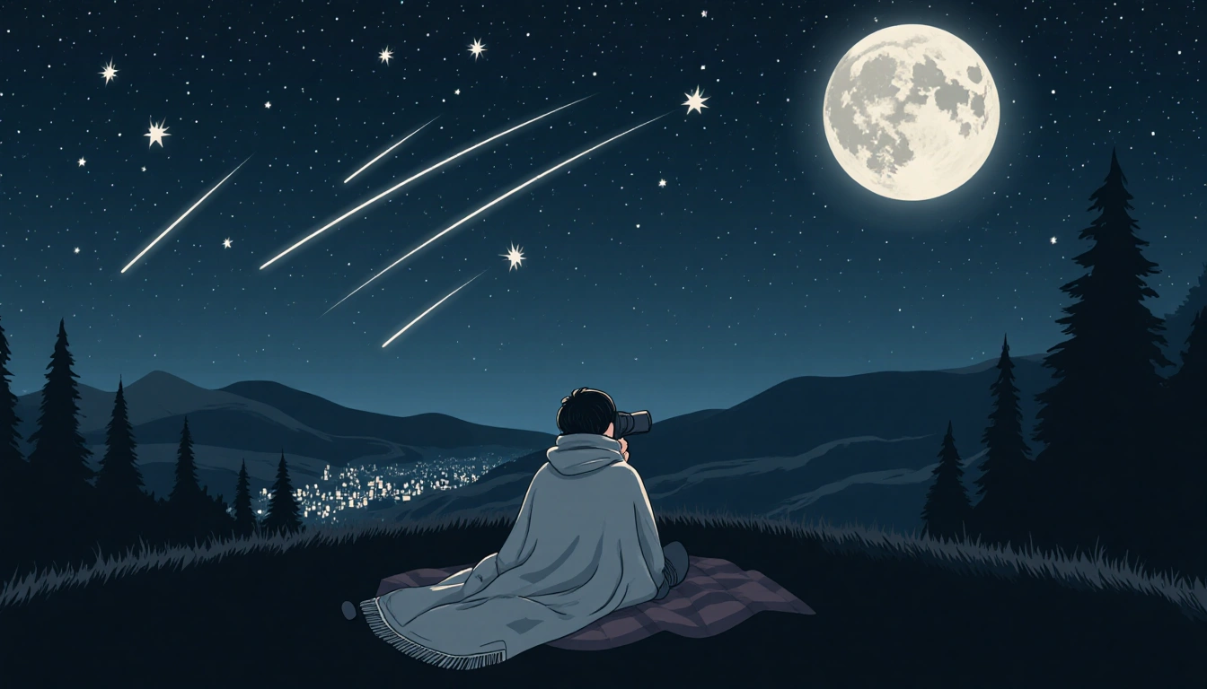 Person bundled under blanket star-gazing with dark sky streaked by shooting stars and moonlit trees in background