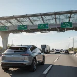 Electric vehicle parked beside commuter car under glass roof with busy toll lanes of US 183 moving cars and trucks.