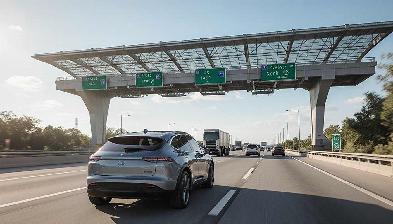 Electric vehicle parked beside commuter car under glass roof with busy toll lanes of US 183 moving cars and trucks.