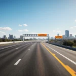 High-speed toll lanes on the highway curve across the horizon with orange and yellow signage against a clear blue sky