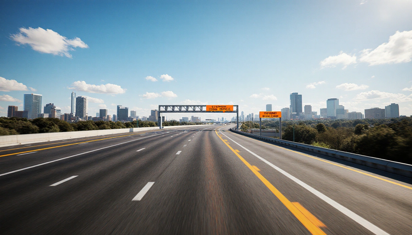 High-speed toll lanes on the highway curve across the horizon with orange and yellow signage against a clear blue sky