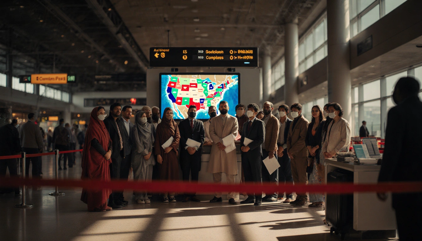 Travelers standing together at a makeshift desk with travel documents and a screen showing the United States in an airport.