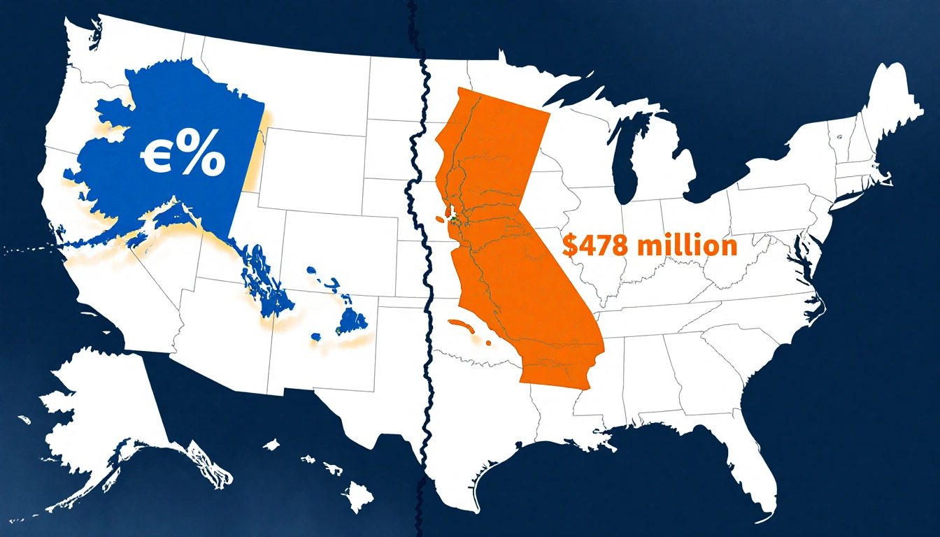 Split-screen Alaska state spending with amount symbol and California swirling pattern while North Dakota shows lower figure.