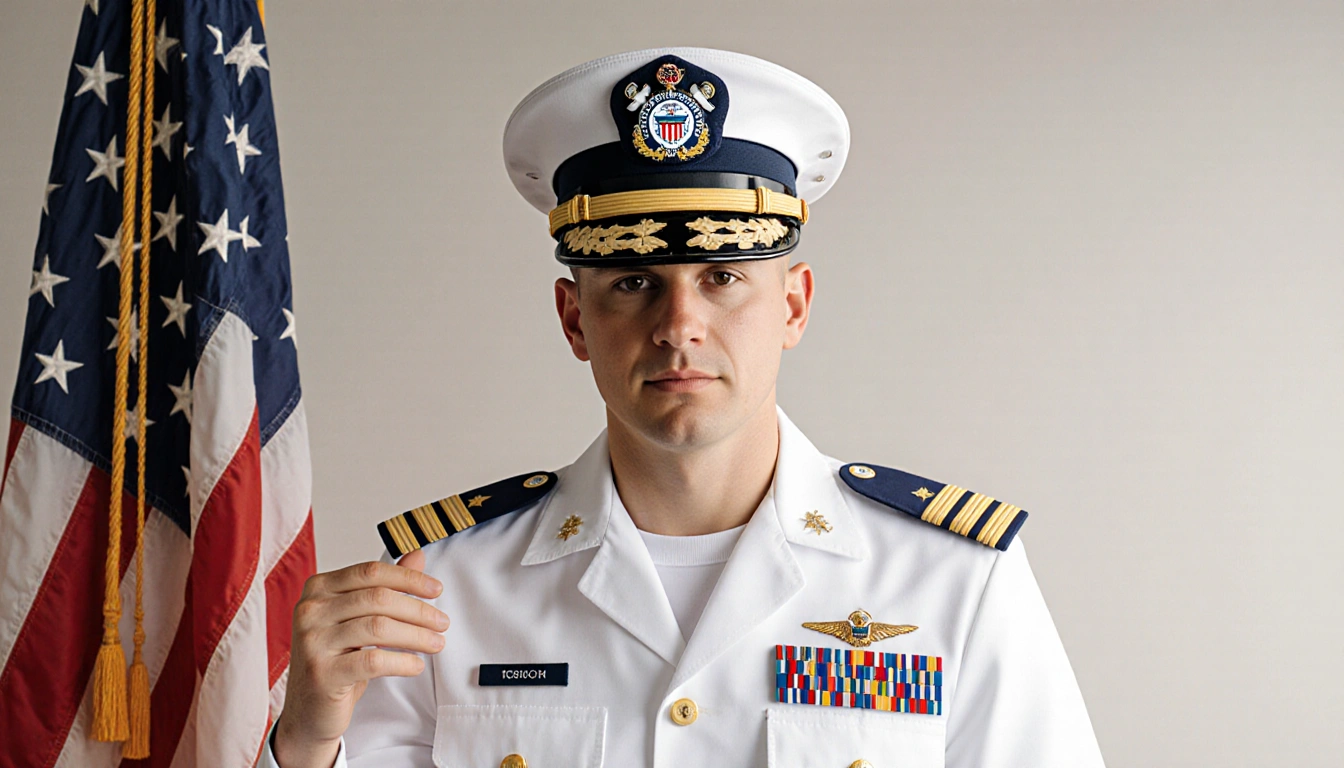 Coast Guard officer stands proudly with hand on U.S. emblem near American flag and soft neutral background.