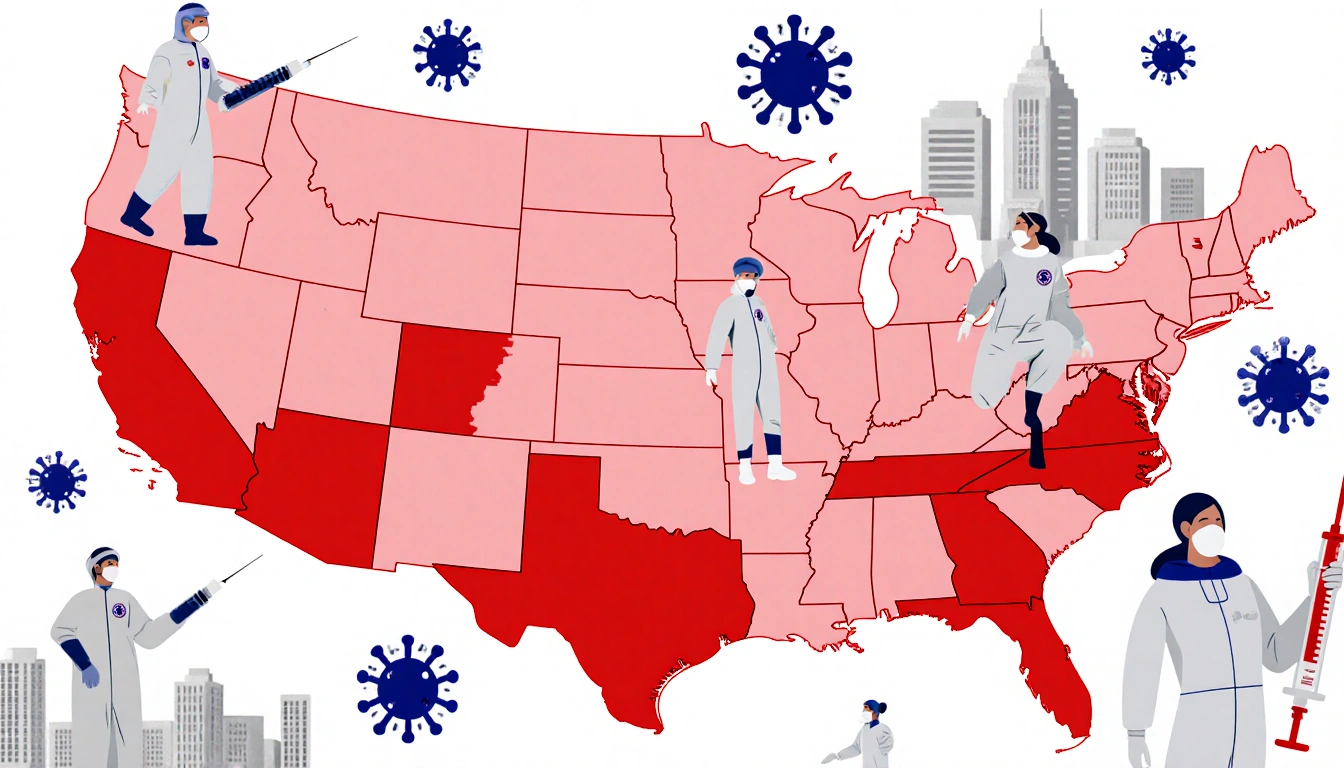 Map highlighting red states with rising influenza cases and medical staff in hazmat suits.