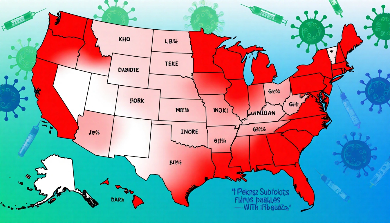 Map of United States highlights Colorado Louisiana New York in red with green-blue influenza swaths and virus needle backgrou