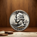 Quarter gleaming with anniversary design against warm wood and soft golden light with scattered coins and certificates nearby