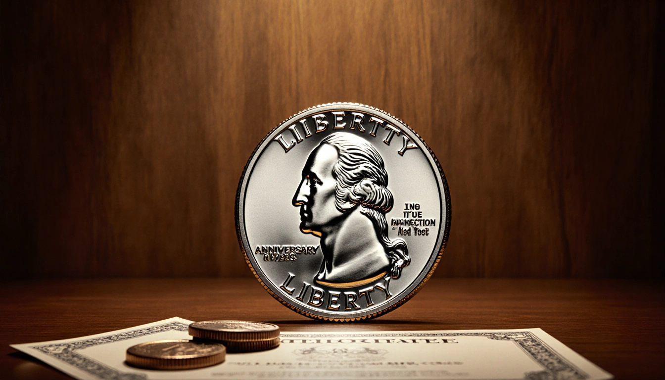 Quarter gleaming with anniversary design against warm wood and soft golden light with scattered coins and certificates nearby