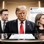 Donald Trump stands with Stephen Miller Kristi Noem and Elon Musk discussing near a futuristic desk against a cityscape