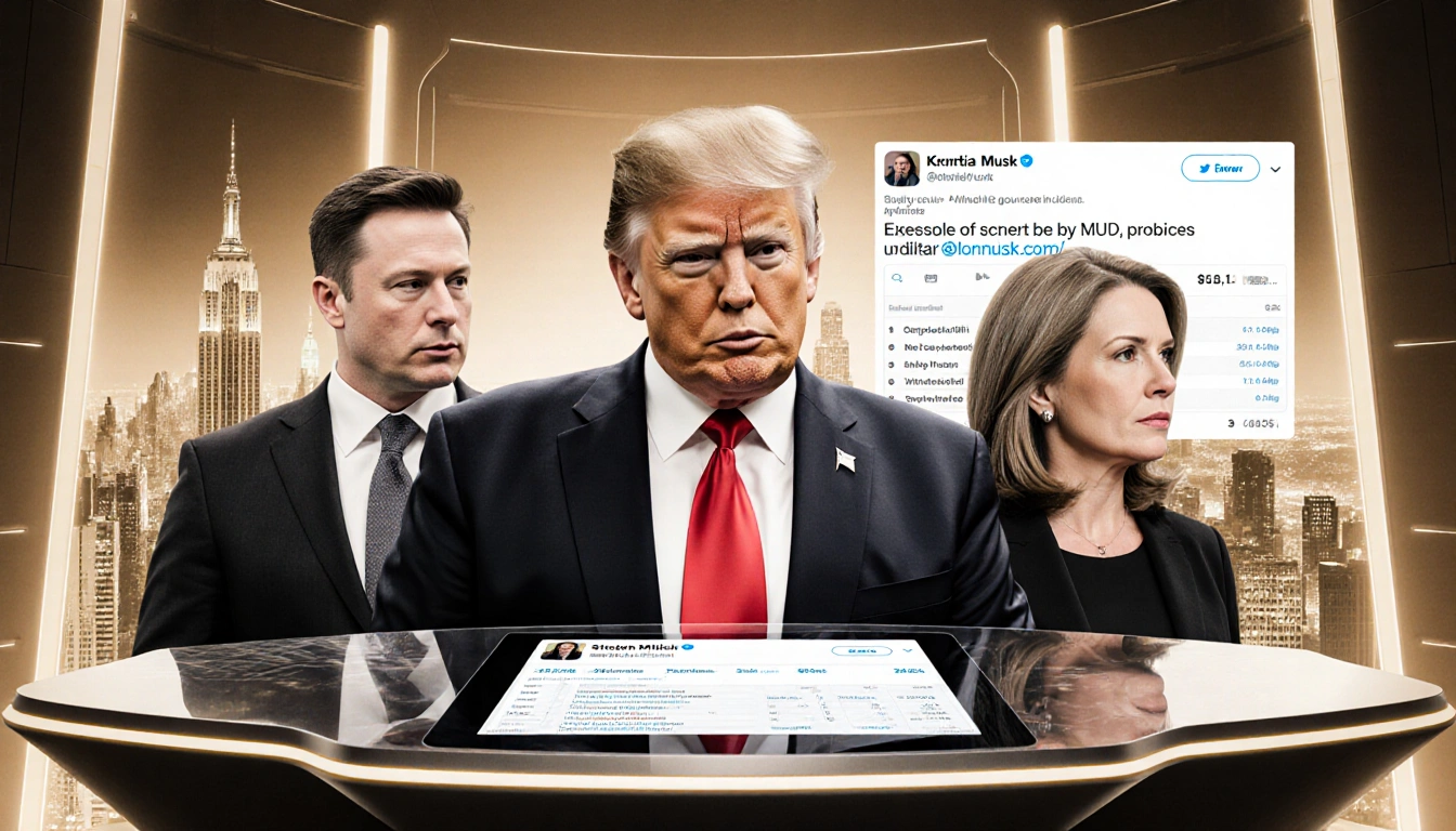 Donald Trump stands with Stephen Miller Kristi Noem and Elon Musk discussing near a futuristic desk against a cityscape