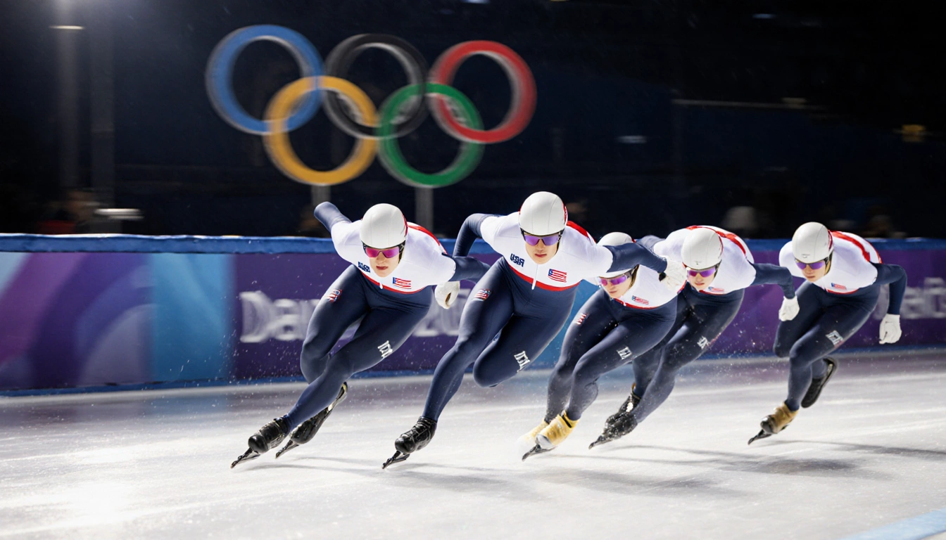 US short track speedskater racing down icy track with spotlight highlighting determined expression and Olympic rings.