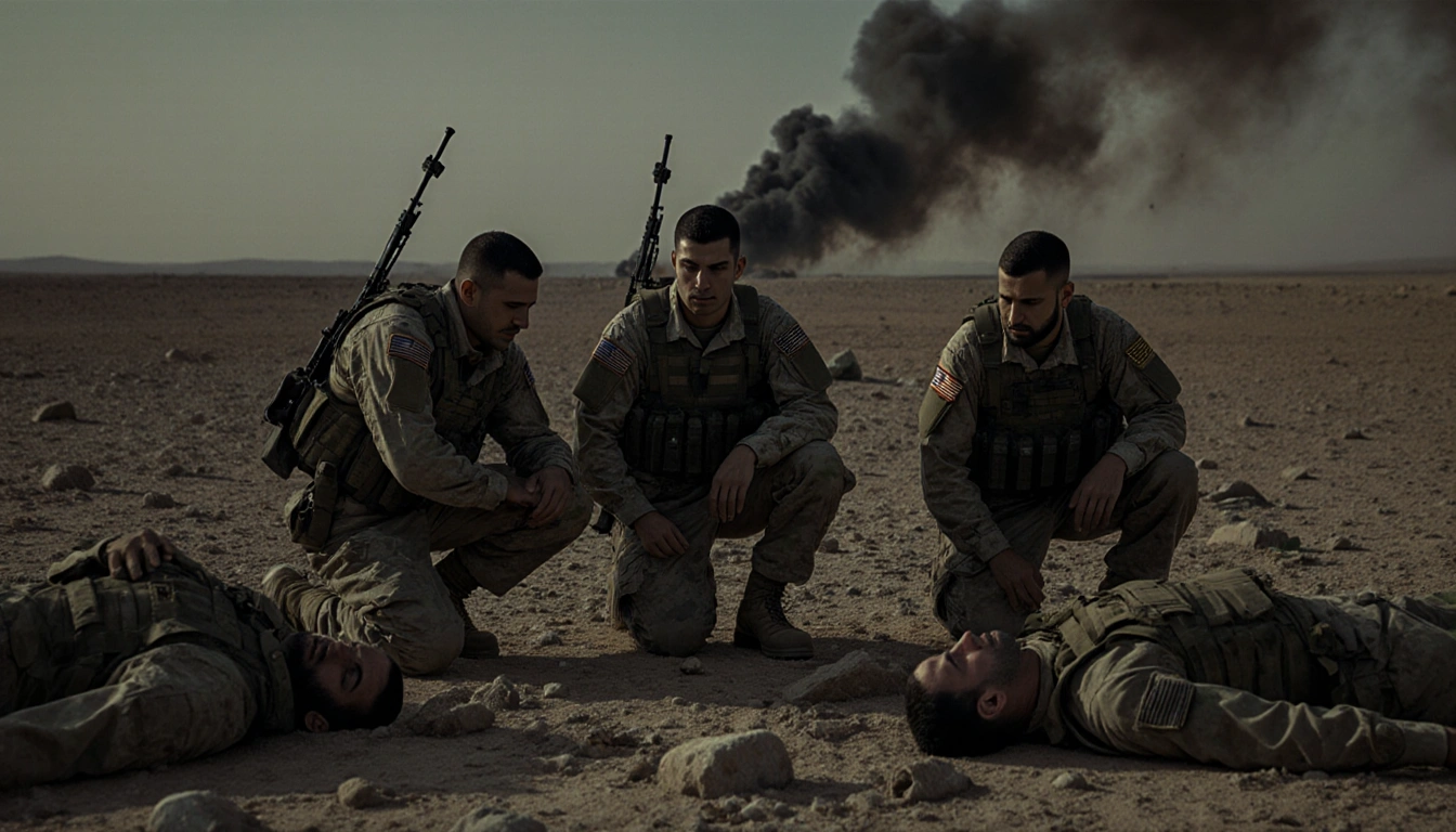 Three soldiers kneeling beside lifeless bodies with dim desert rocks and distant smoke