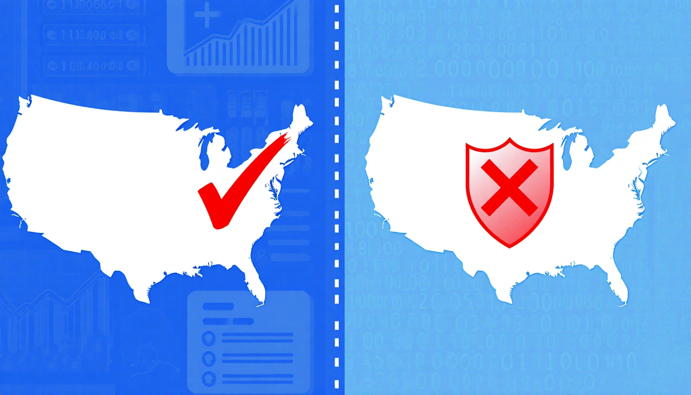Split-screen shows Texas map with red checkmark data sharing and California map with red X privacy against a faint data grid.