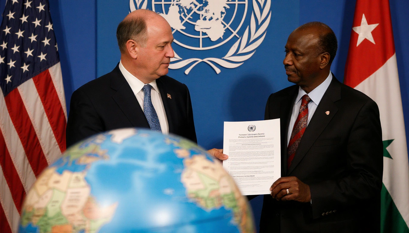 Jeffrey Bartos holds a truce document while speaking with Sudanese PM Idris in a setting with the UN logo and map of Darfur.