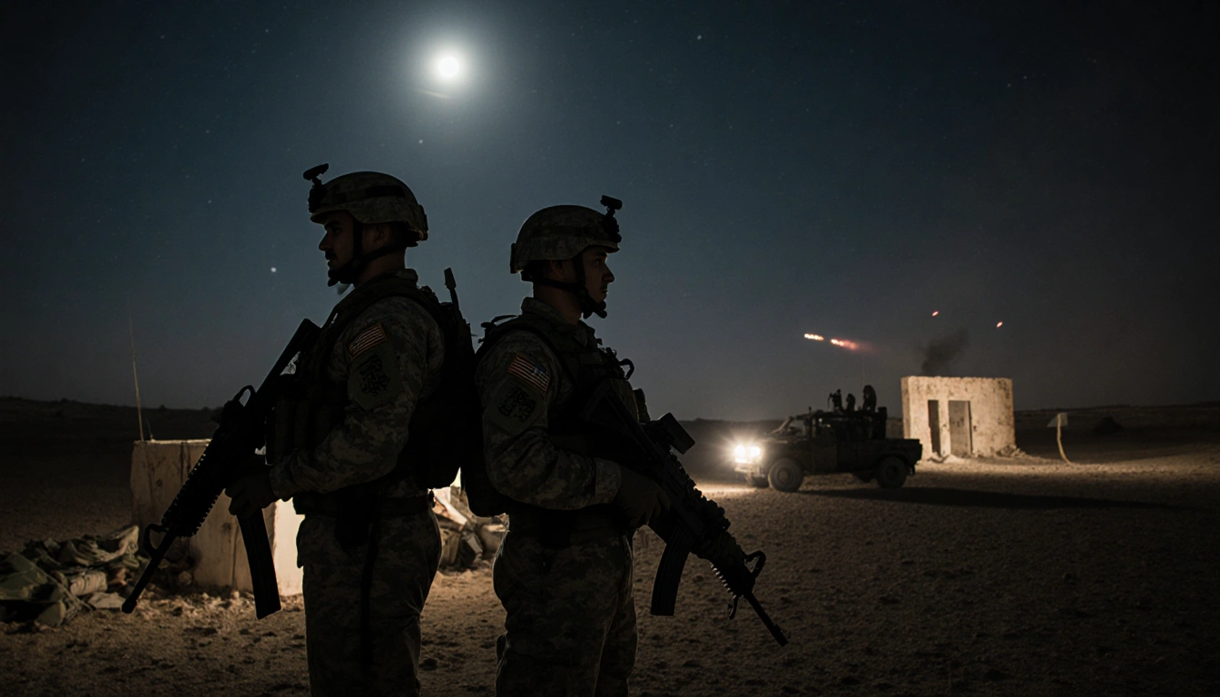 US soldiers standing back‑to‑back near a makeshift command center with moonlit desert and distant artillery fire