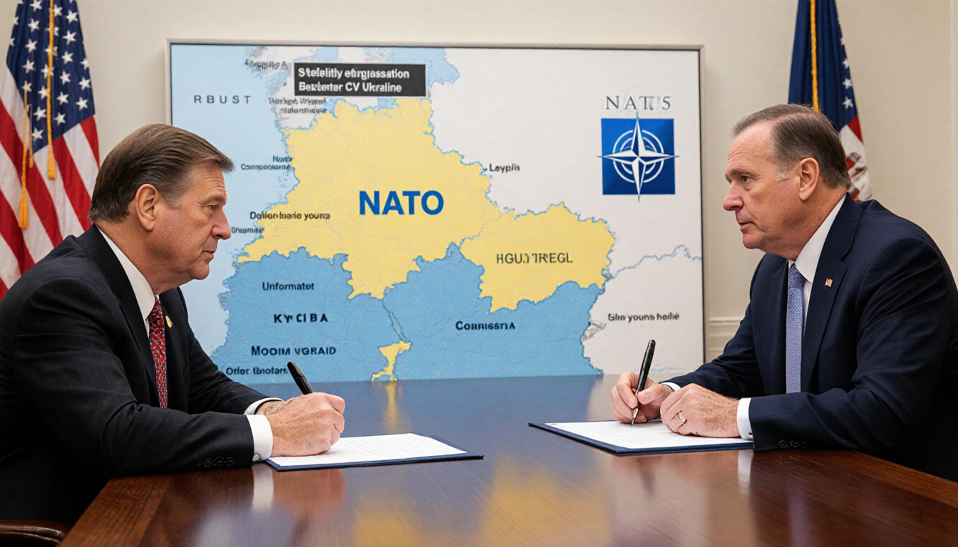 U.S. and Ukrainian officials signing a NATO Article 5 security agreement with a map of Eastern Europe