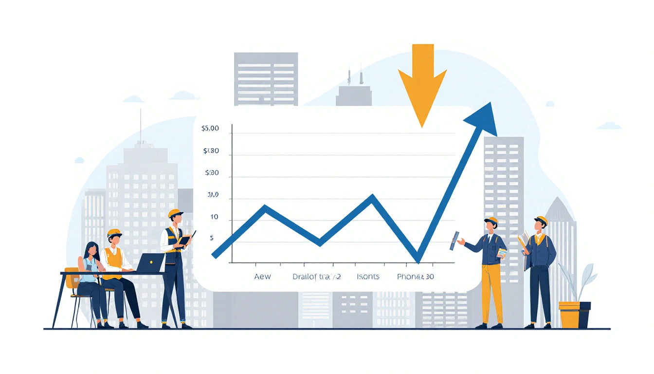 Bar chart showing US unemployment rate with a falling arrow and cityscape background of workers