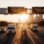 Cars flow along new express lane with glowing toll signs and sunrise backdrop.