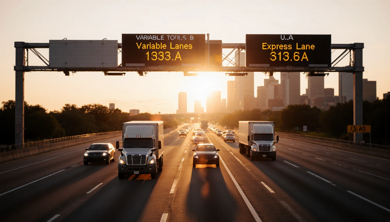Cars flow along new express lane with glowing toll signs and sunrise backdrop.