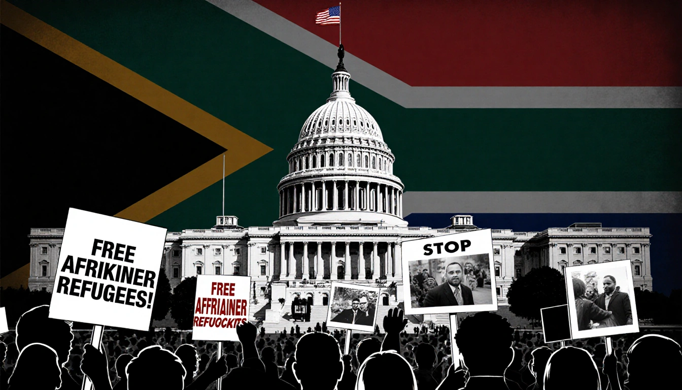 Protesters holding signs for Afrikaner refugees and boycotts stand before building with American flag and South Africa flag.