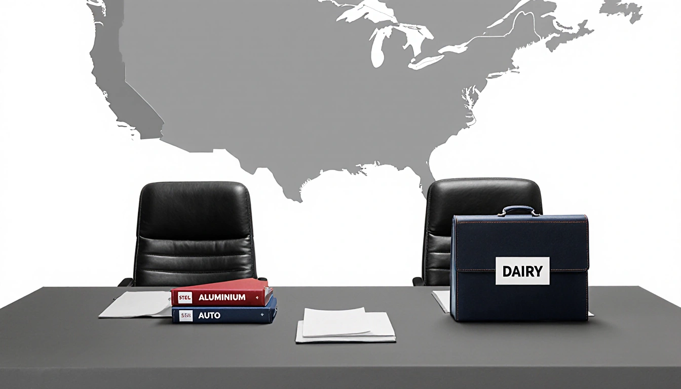 Chairs facing each other at a table with folded map and USMCA tariff folders