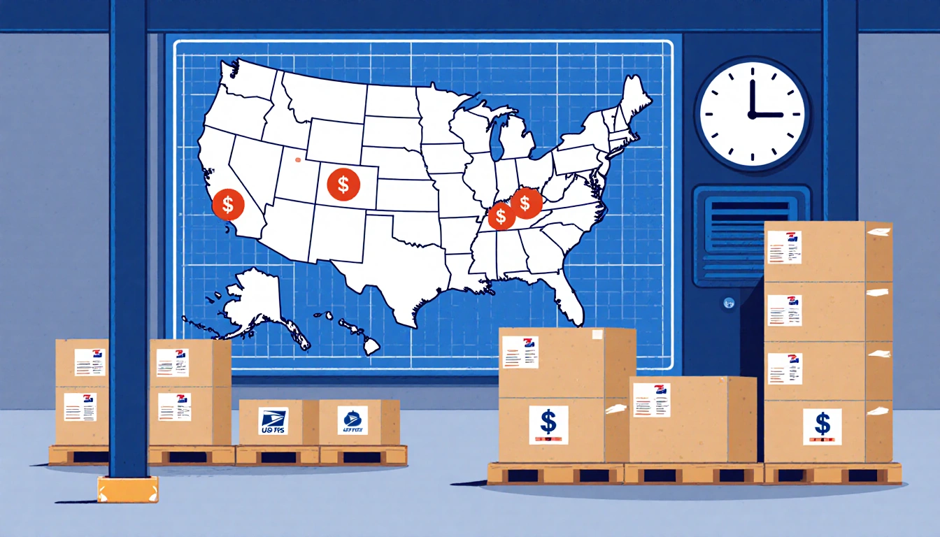 USPS distribution unit sorting envelopes with map of bid areas and a ticking clock showing timeline