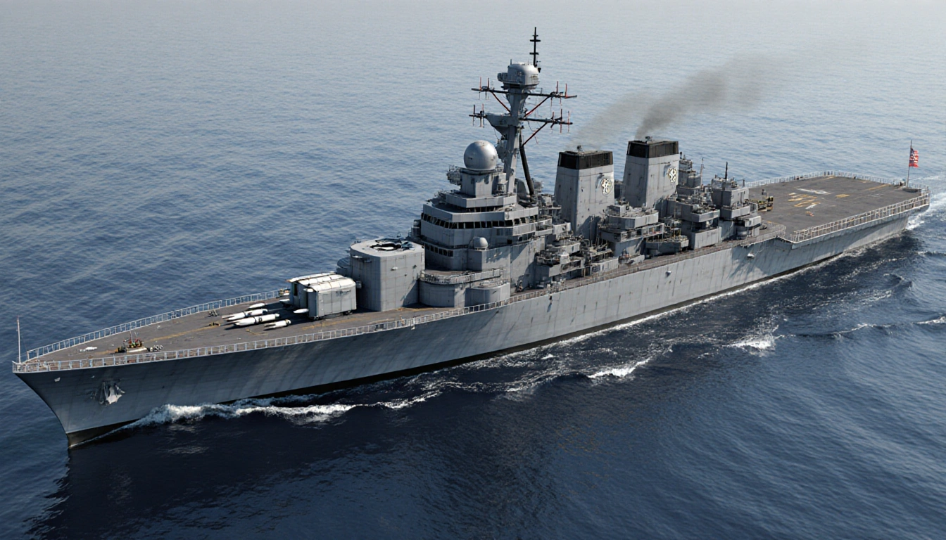 USS Defiant guided-missile battleship cutting through water with sleek hull and prominent hypersonic missiles on its superstr