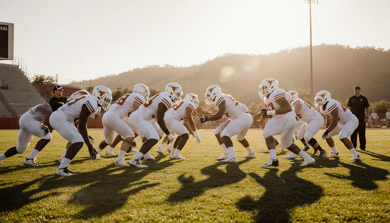 UT Austin Longhorns practice football on sunny field with coaches watching and green hills in background